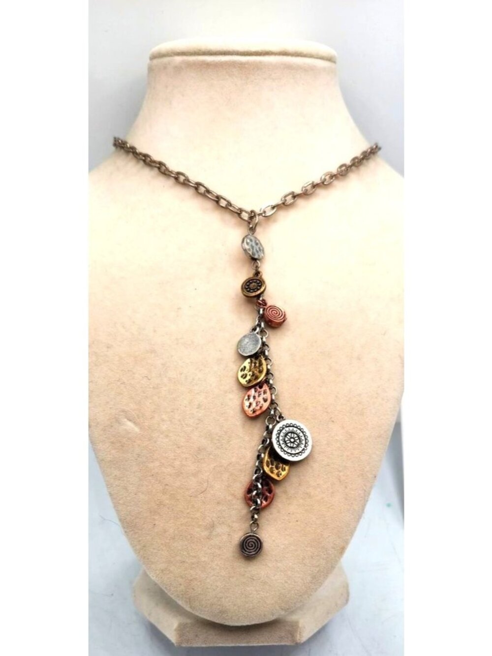 Adjustable Mixed Metal, Discs , Textured Dangle Necklace